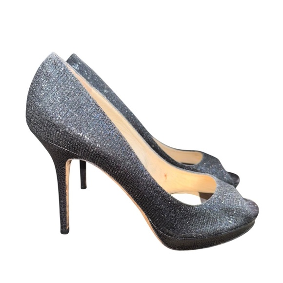 JIMMY CHOO Luna Anthracite Lamé Sparkly Peep Toe Heels EU 40.5 US Size 10.5 - Picture 1 of 16